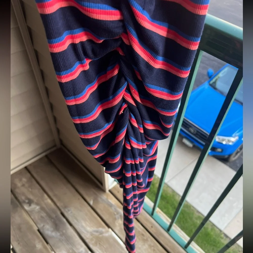 🆕 Michael Stars Navy Red Striped Tank Midi Dress Ruched Side Bodycon Size S - Picture 7 of 12